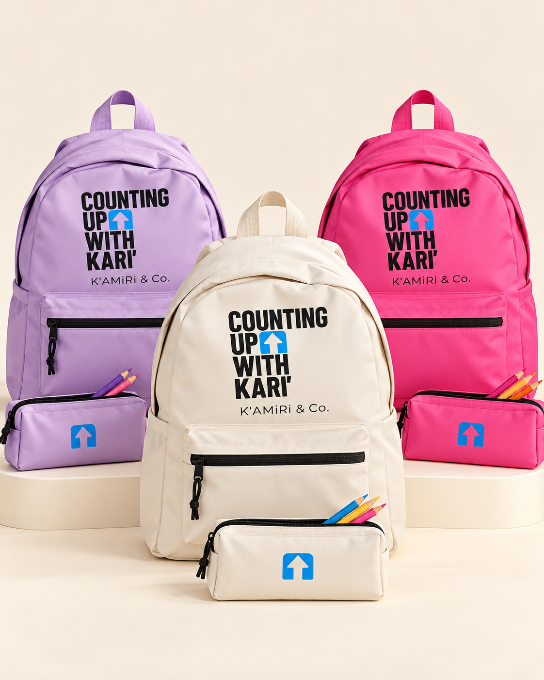 Cream, lavender and pink Counting Up With Kari backpacks with matching pencil pouches